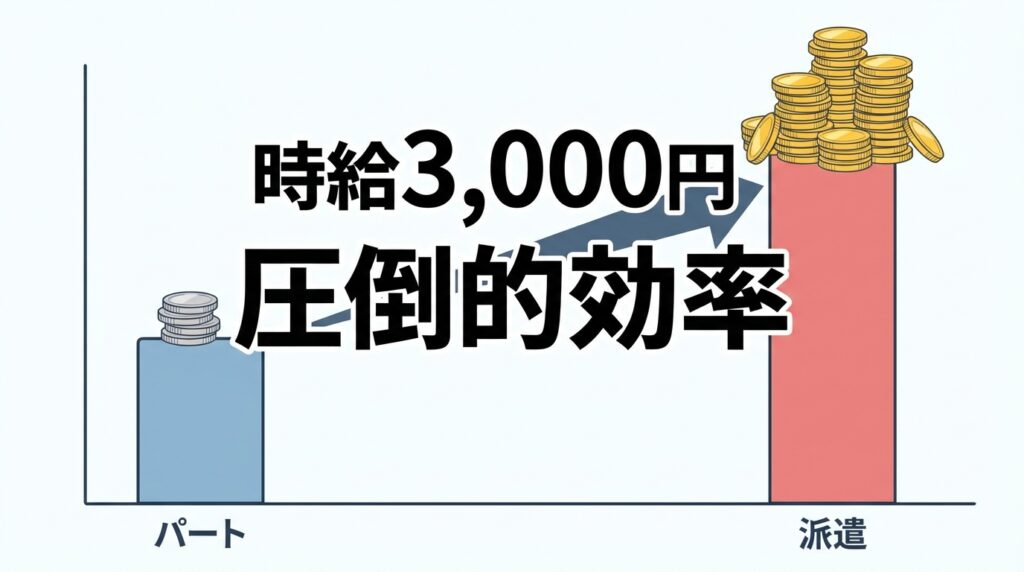 パートと単発派遣の時給差を表す比較イラスト。単発派遣の方が圧倒的に高いことを示す。