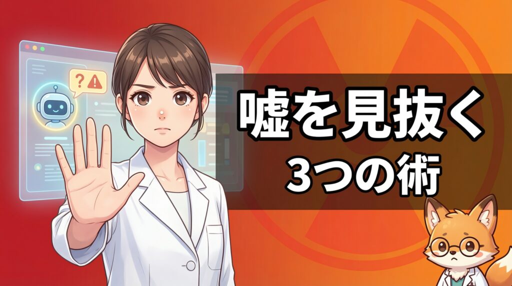 AIの嘘を見抜くポーズをとる女性薬剤師のイラスト