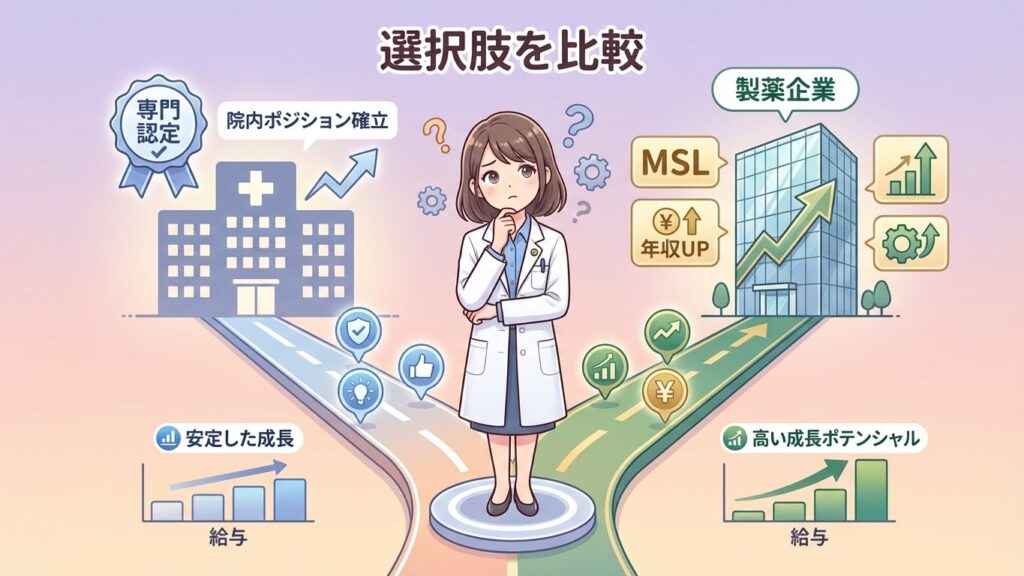 病院残留と製薬企業転職の2つのキャリアパスを示すイラスト