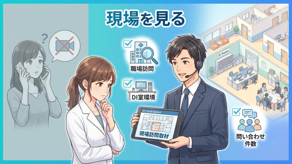 転職エージェントとDI環境について相談する薬剤師のイラスト