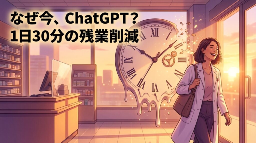 時計と笑顔で退勤する薬剤師のイラスト。残業削減と時間の余裕を表現。