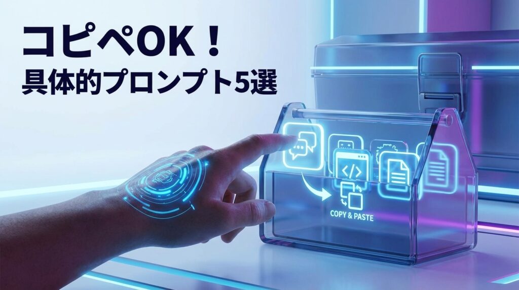 デジタルツールボックスからプロンプトを選び出すイメージ。コピペで使える利便性を表現。