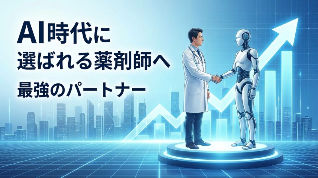 AIと握手をする薬剤師、またはキャリアアップをイメージした上昇グラフ。