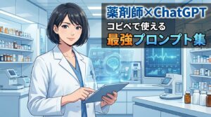 タブレットを操作する薬剤師とChatGPTのホログラムインターフェース。業務効率化をイメージしたデザイン。