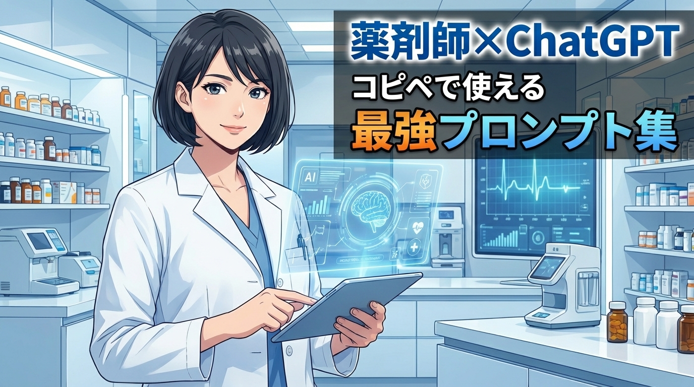タブレットを操作する薬剤師とChatGPTのホログラムインターフェース。業務効率化をイメージしたデザイン。