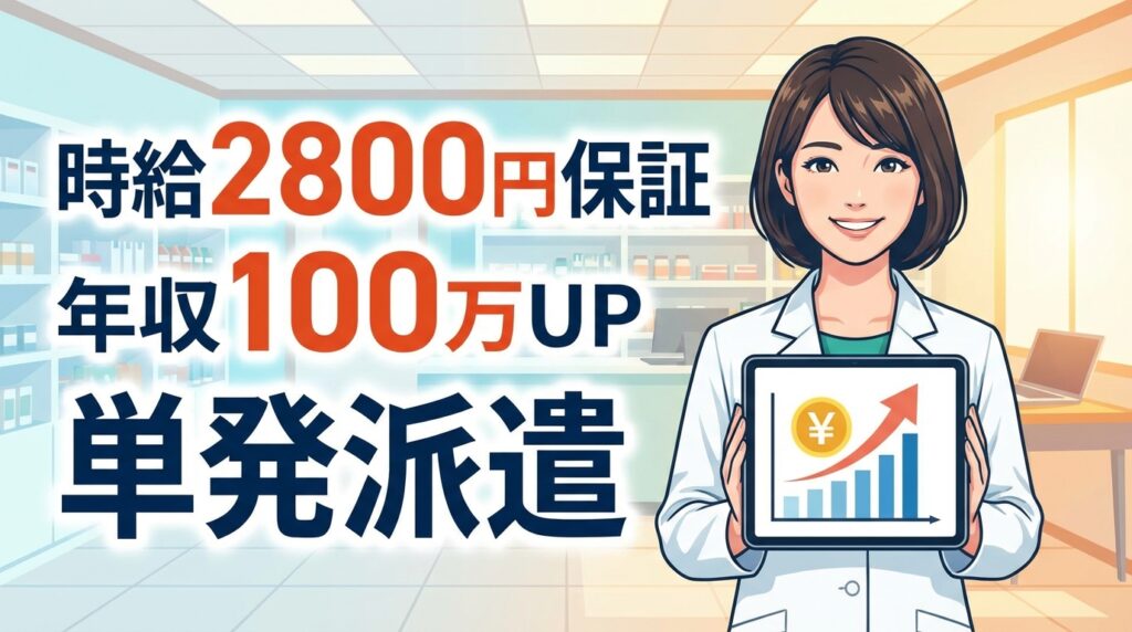 スマホで収入アップを確認して喜ぶ薬剤師のイラスト。背景は明るい部屋。