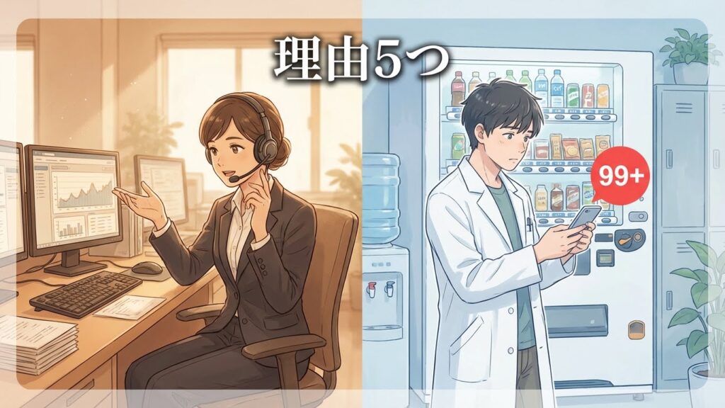 コールセンターのエージェントと休憩中の薬剤師