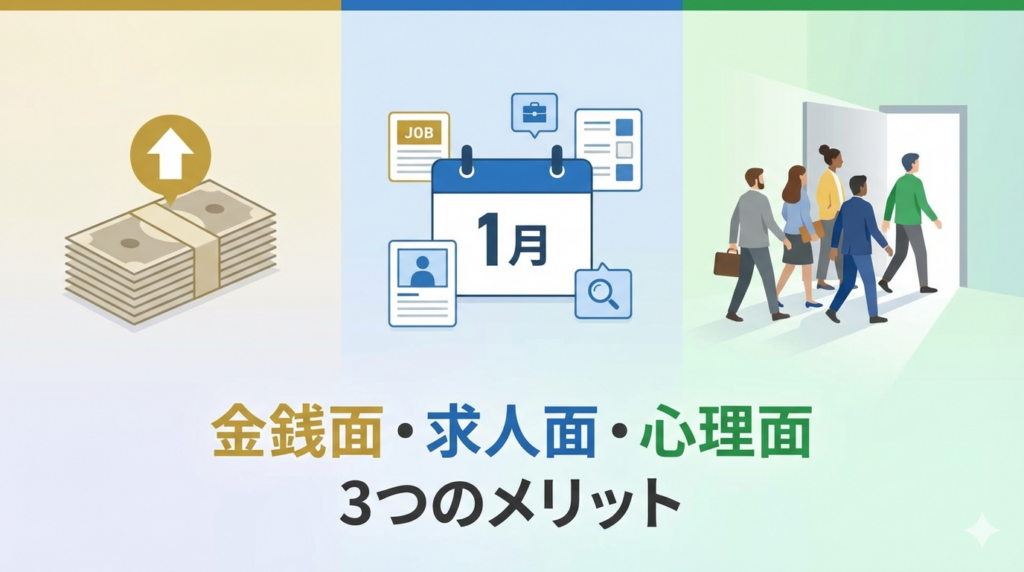 ボーナス後転職の3つのメリット(金銭面、求人面、心理面)を示すインフォグラフィック