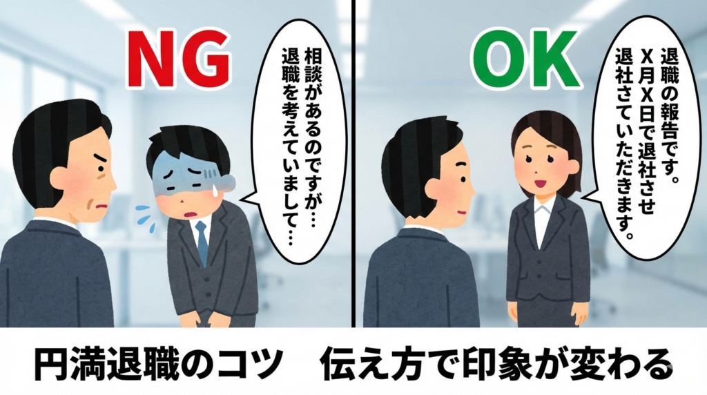 退職の切り出し方のNG例とOK例を比較したビジネスシーンイラスト