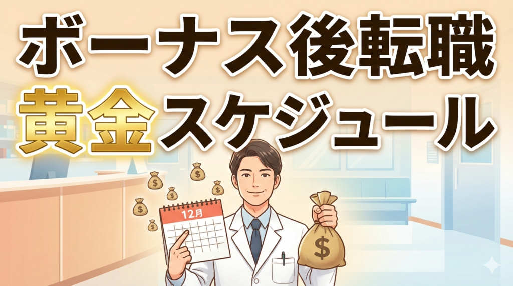 カレンダーとお金を持つ笑顔の薬剤師が、ボーナス後転職のベストタイミングを示すイラスト