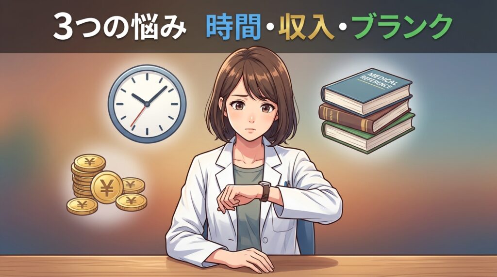 シングルマザー薬剤師の3つの悩み(時間・収入・ブランク)を表すアニメ風イラスト