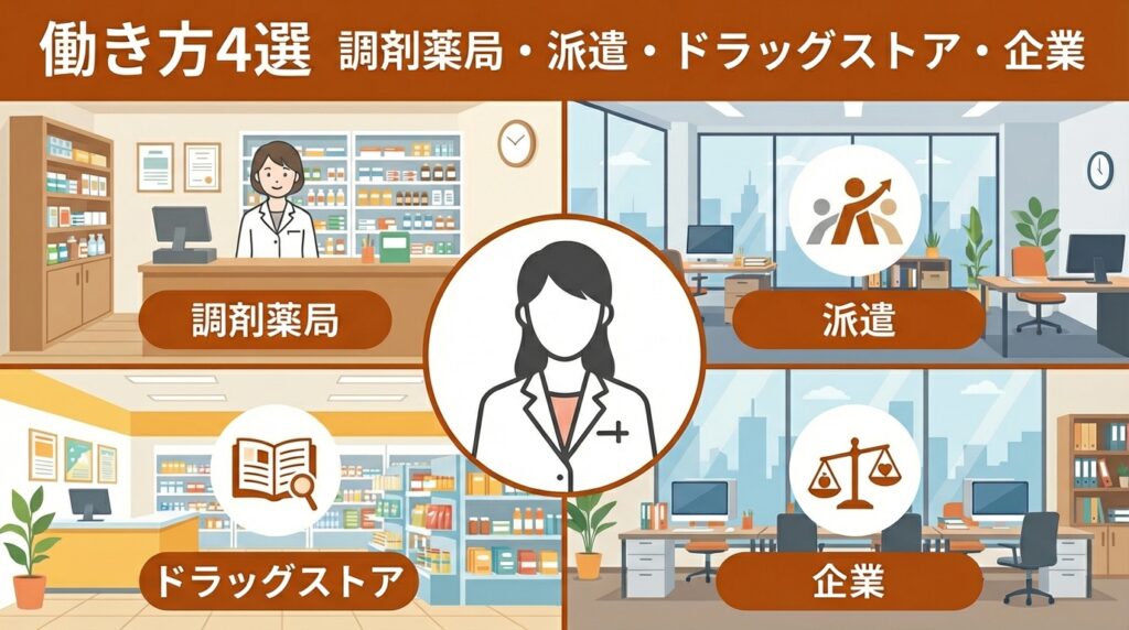 シングルマザー薬剤師におすすめの4つの働き方を示すアニメ風図解