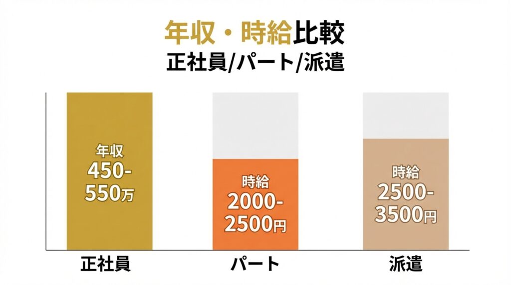 正社員・パート・派遣の薬剤師年収・時給比較のアニメ風図解