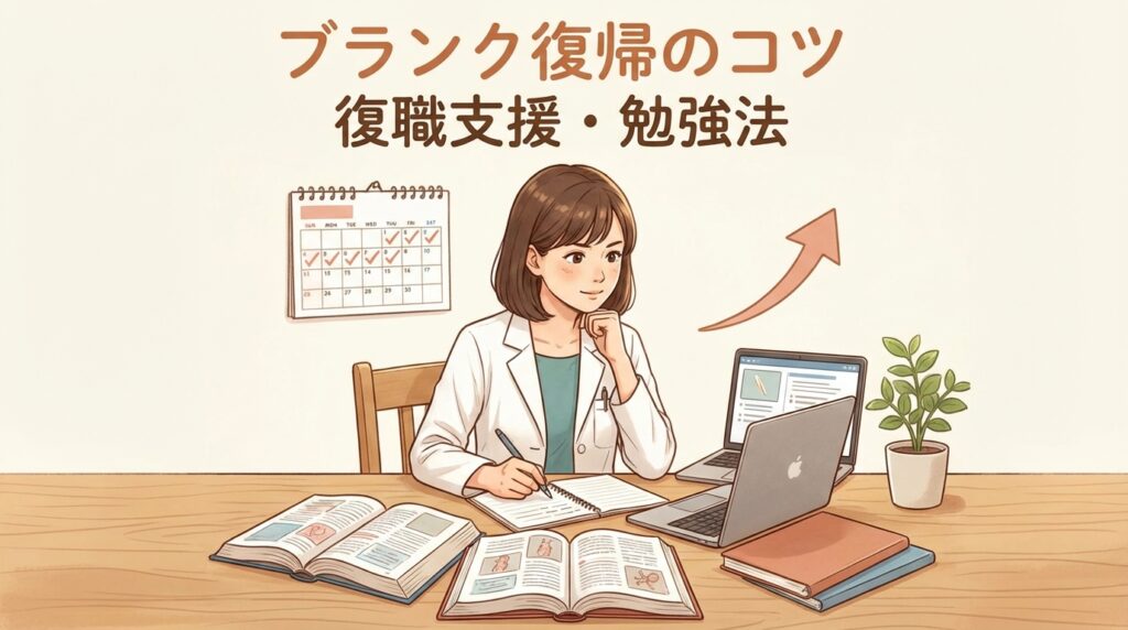 ブランク明けの薬剤師が勉強して復帰準備をするアニメ風イラスト