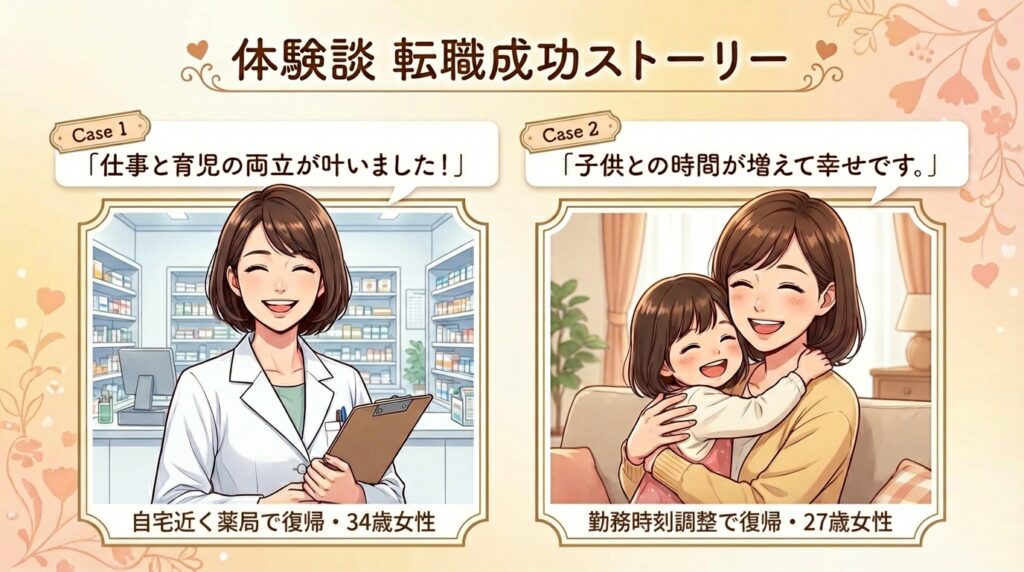 転職成功したシングルマザー薬剤師2名の体験談アニメ風イラスト