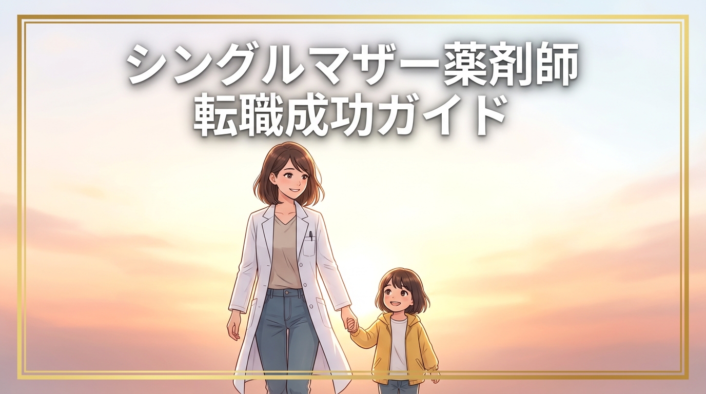 シングルマザー薬剤師が子供と手をつなぎ、希望に満ちた表情で前を見つめるイラスト