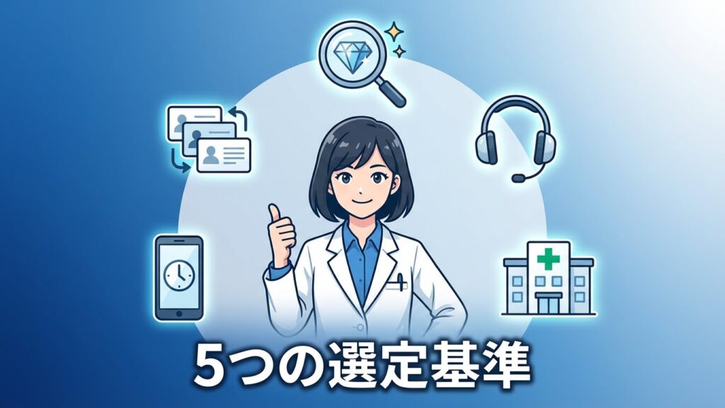 転職サイト選びの5つの基準を表すアイコンのイラスト