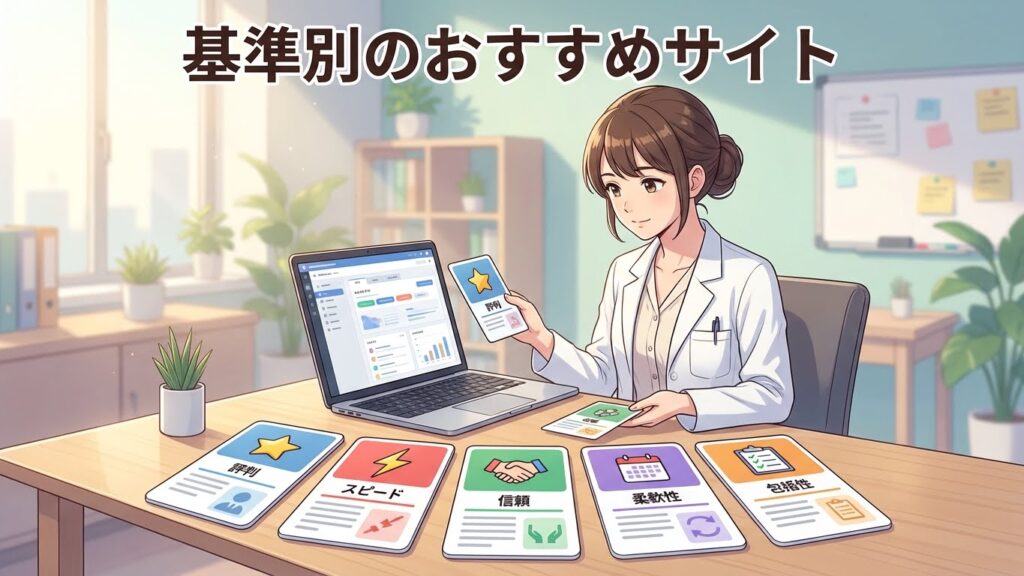 複数の転職サイトを比較検討する薬剤師のイラスト