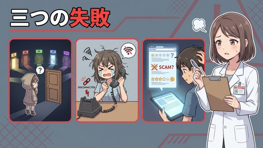 転職サイト選びでよくある3つの失敗パターンのイラスト