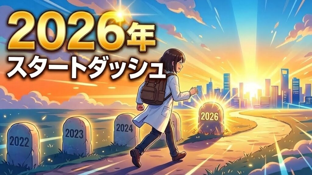 2026年に向けて前向きに転職活動を始める薬剤師のイラスト