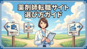 白衣を着た薬剤師が転職サイトの選び方を案内するイラスト