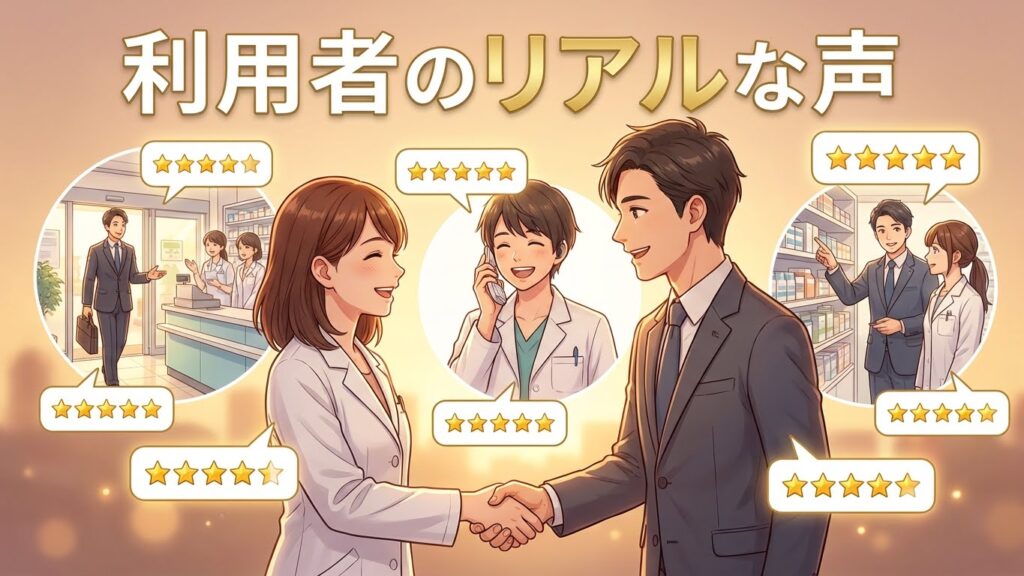 ファルマスタッフ利用者の良い口コミを表現したイラスト