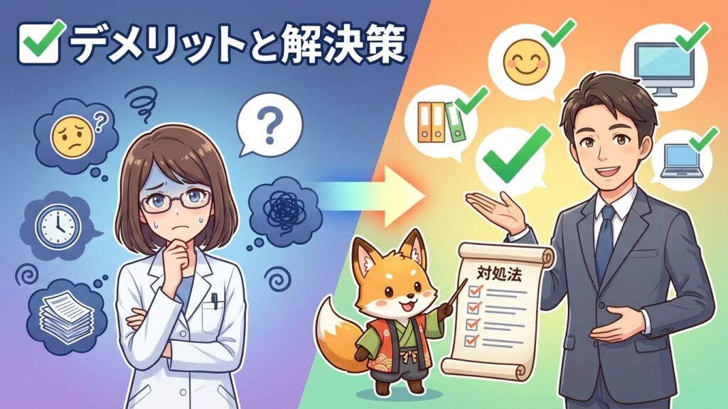 ファルマスタッフのデメリットと対処法を示すイラスト