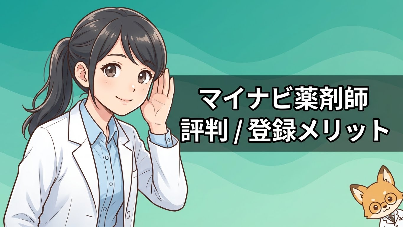 - **Alt Text**: マイナビ薬剤師の評判や口コミを聞き取る薬剤師のイラスト