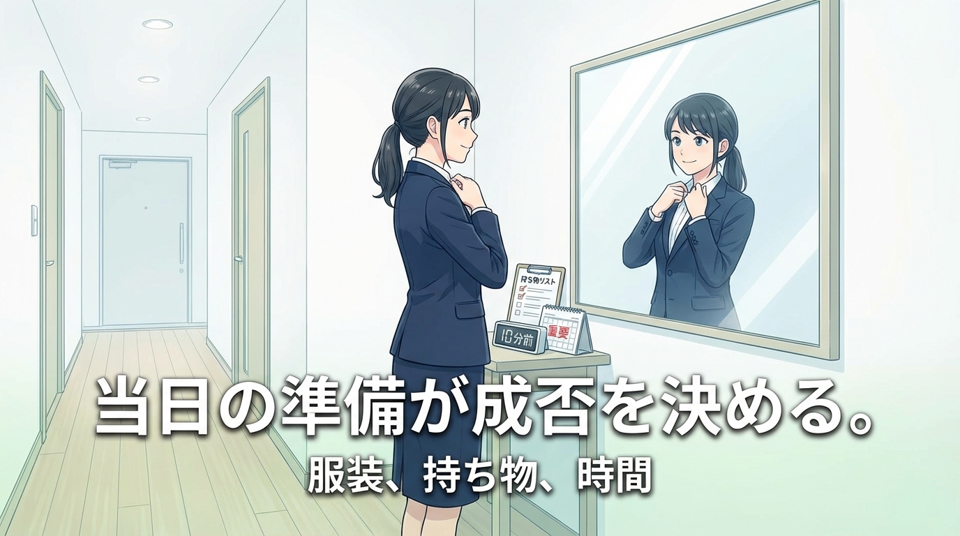 面接前に鏡で身なりを整える薬剤師のイラスト