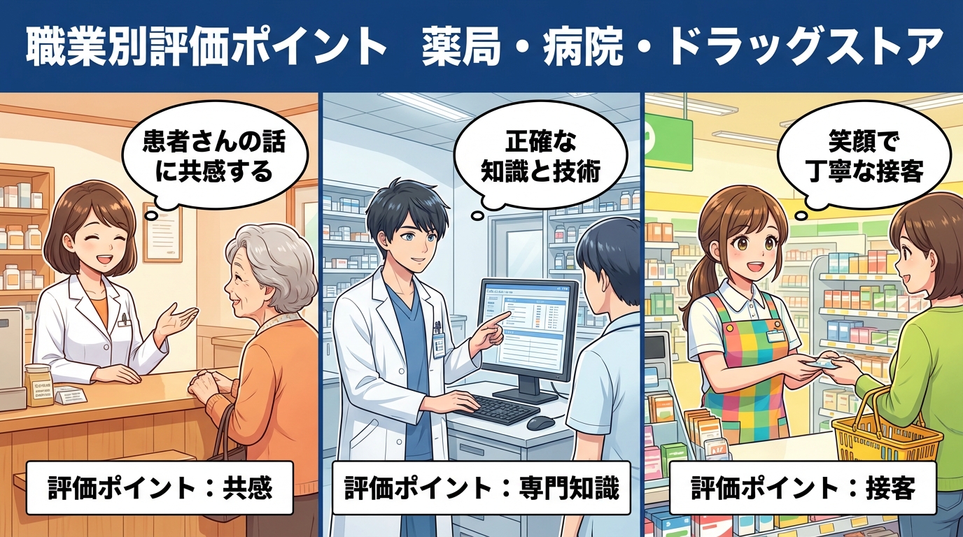 調剤薬局・病院・ドラッグストアの職場環境を比較したイラスト