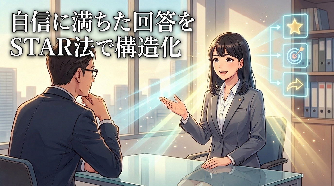 面接官の質問にハキハキと答える薬剤師のイラスト