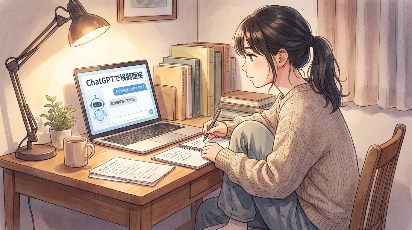 自宅でAIと模擬面接を練習する薬剤師のイラスト