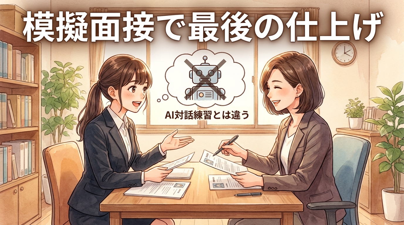 キャリアアドバイザーと対面で面接練習をする薬剤師のイラスト