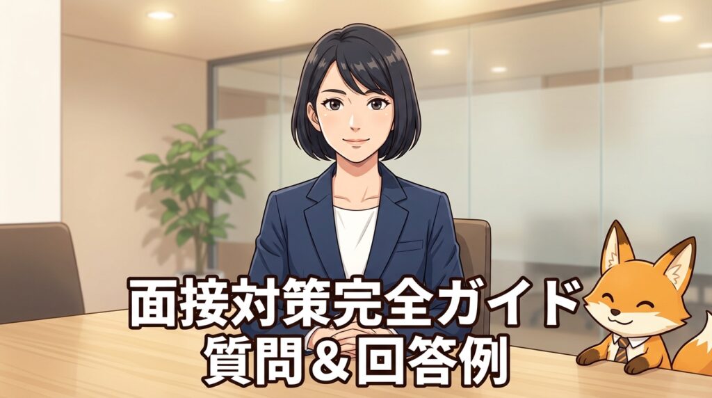 面接官と対面する薬剤師とフォックスマスコットのイラスト