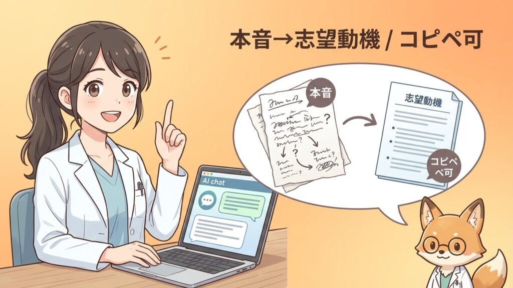 AIで本音を志望動機に変換する薬剤師のイラスト