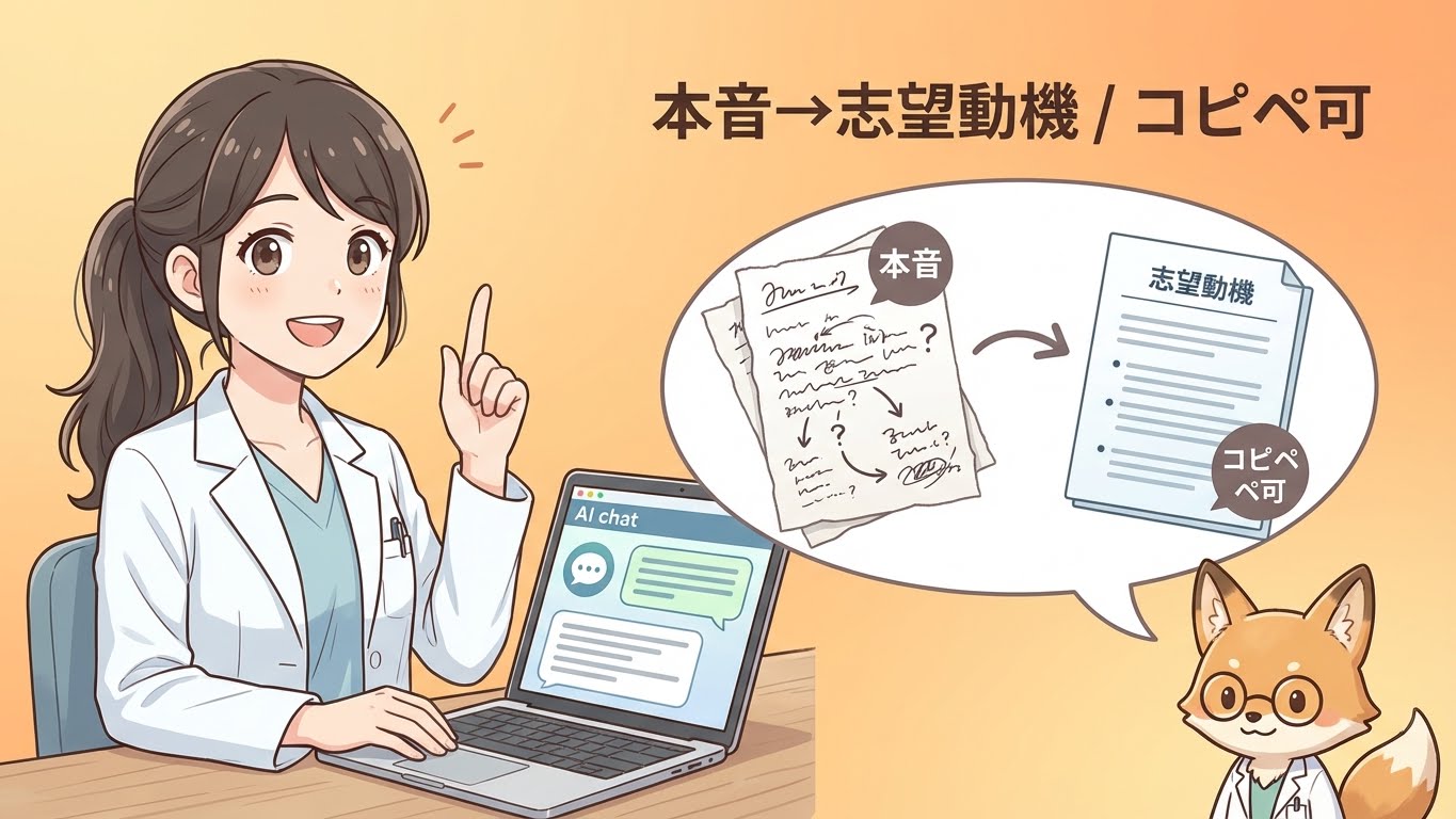 AIで本音を志望動機に変換する薬剤師のイラスト