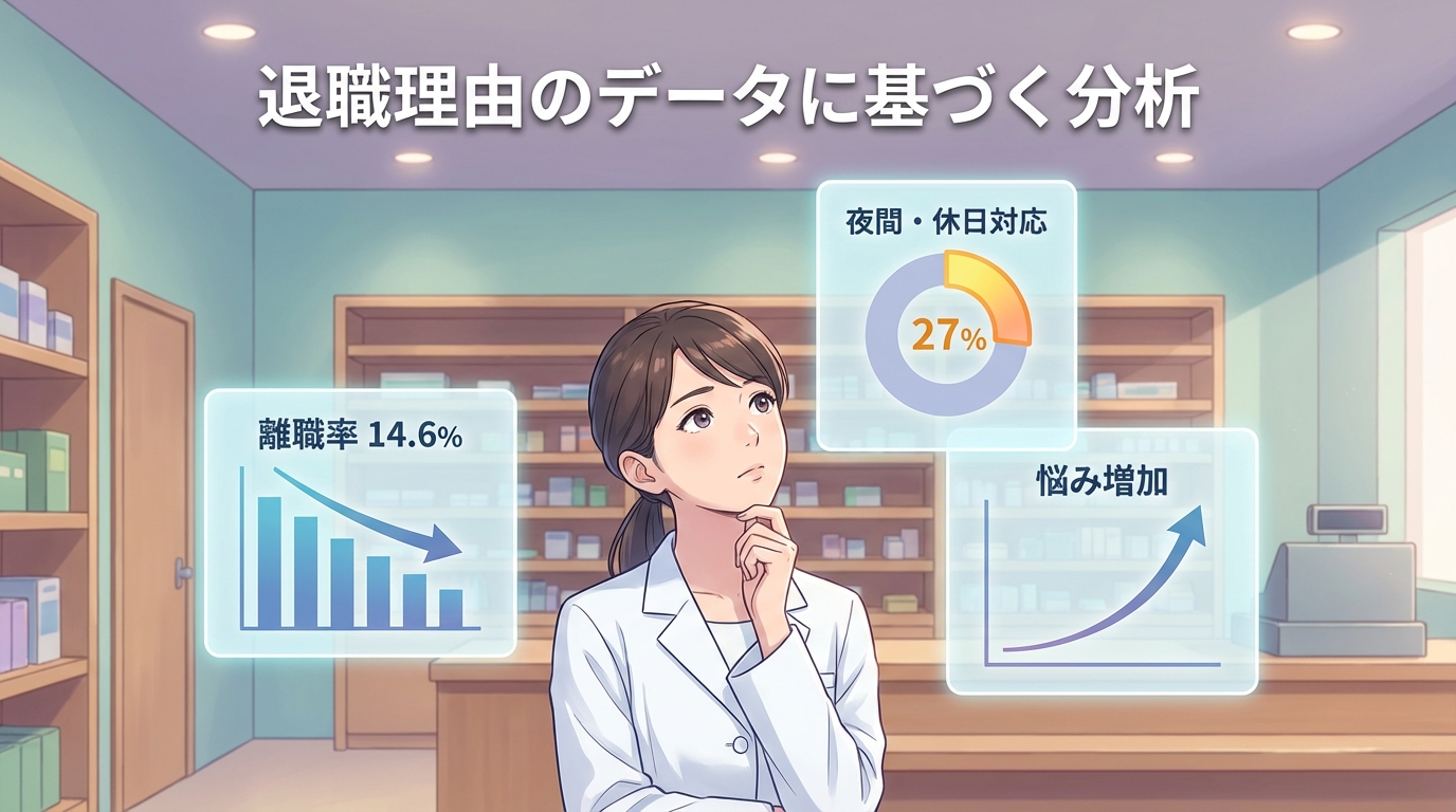 薬剤師の離職率と労働環境のデータを示すインフォグラフィック