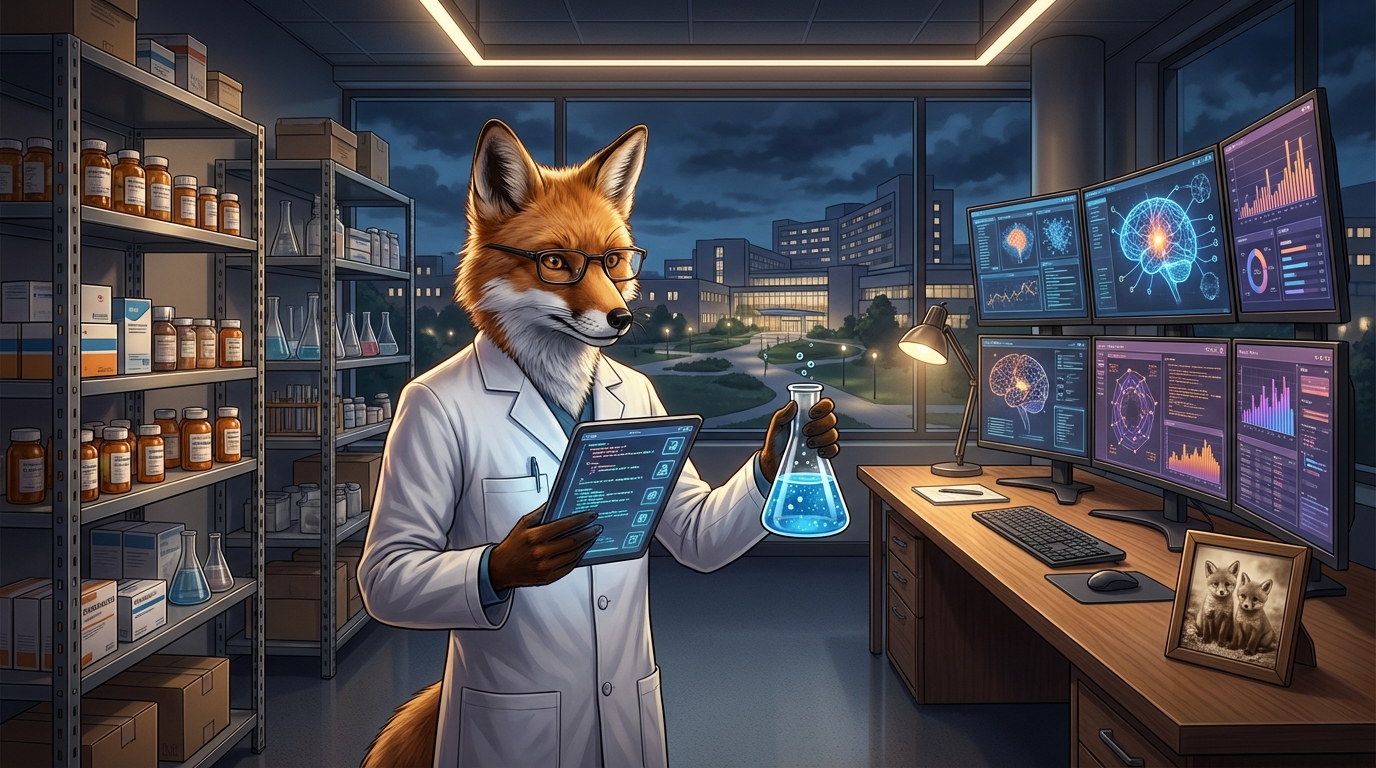 白衣を着てタブレットとフラスコを持つキツネの薬剤師。背景はAI開発モニターが並ぶハイテクなラボと調剤室が融合した夜の空間。