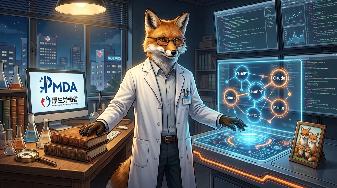 薬剤師兼エンジニアが、伝統的な医学書と最新のAIホログラムを前に、医療の未来を切り拓く様子を描いたシネマティックなイラスト