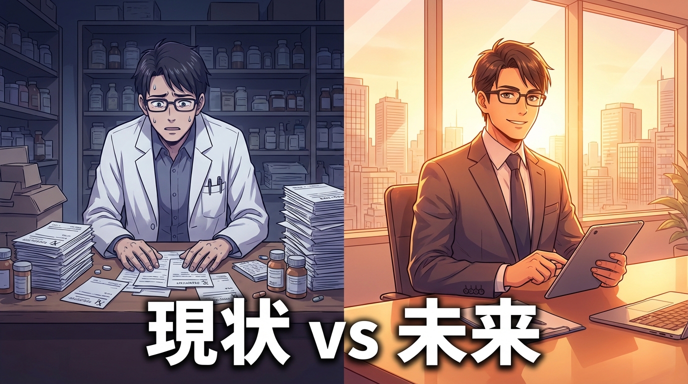 調剤業務に悩む薬剤師とオフィスで活躍する未来の対比