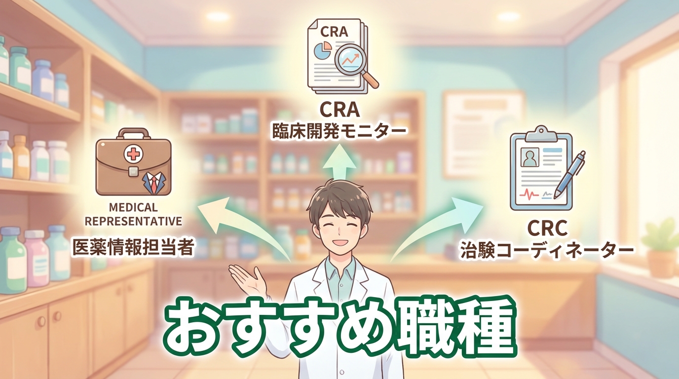 薬剤師からのおすすめ転職先職種(MR, CRA, CRC)