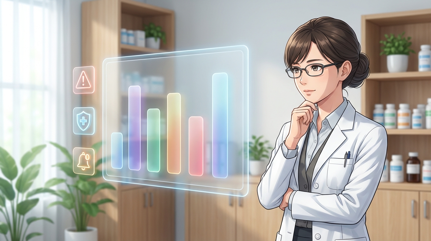 年収推移のグラフを分析する薬剤師の洗練されたビジュアル