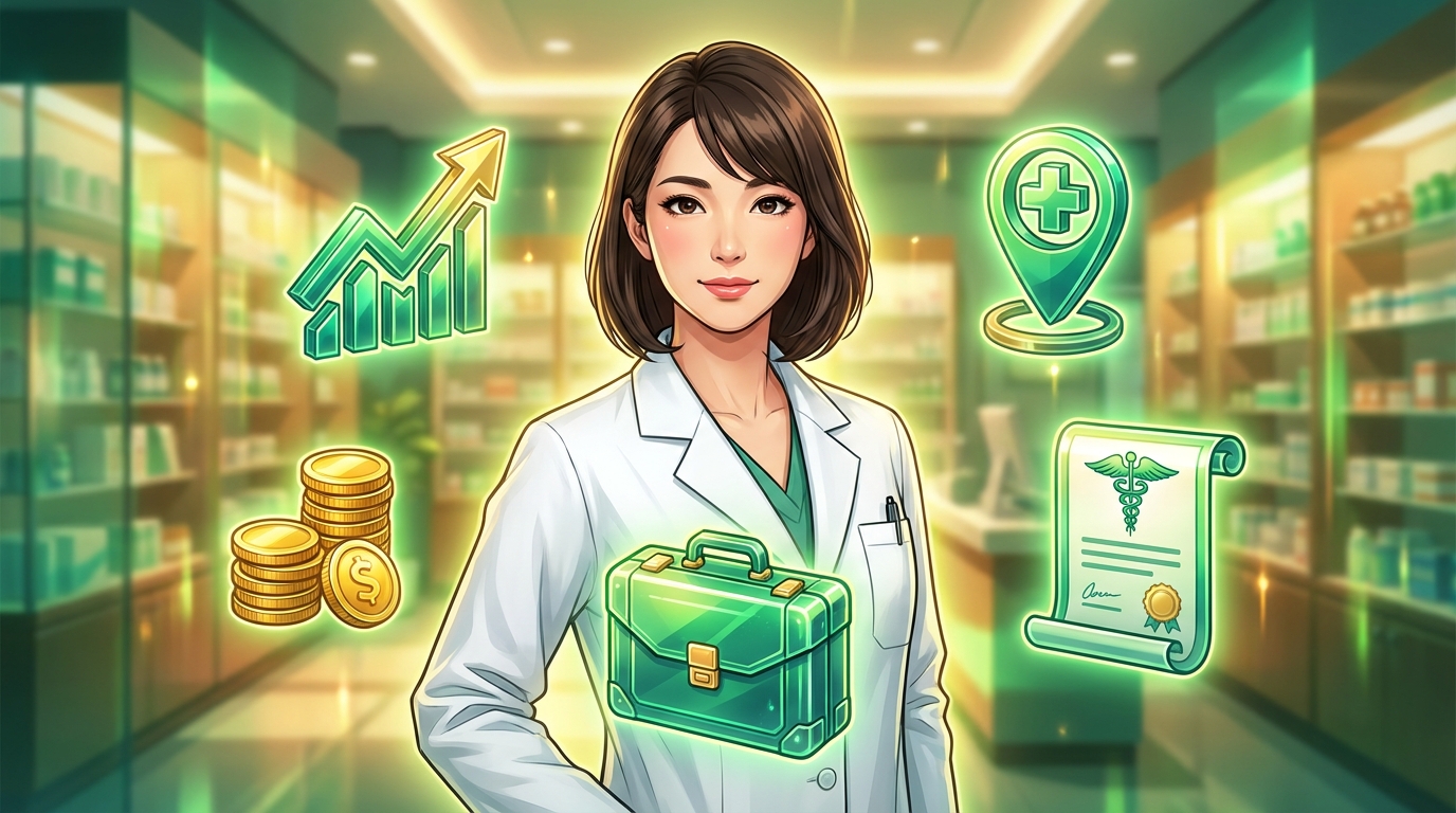 年収アップの5つの方法を解説する薬剤師のビジュアル