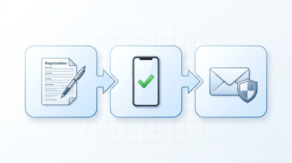 メール切り替えなどを行う3ステップのアイコンフロー図