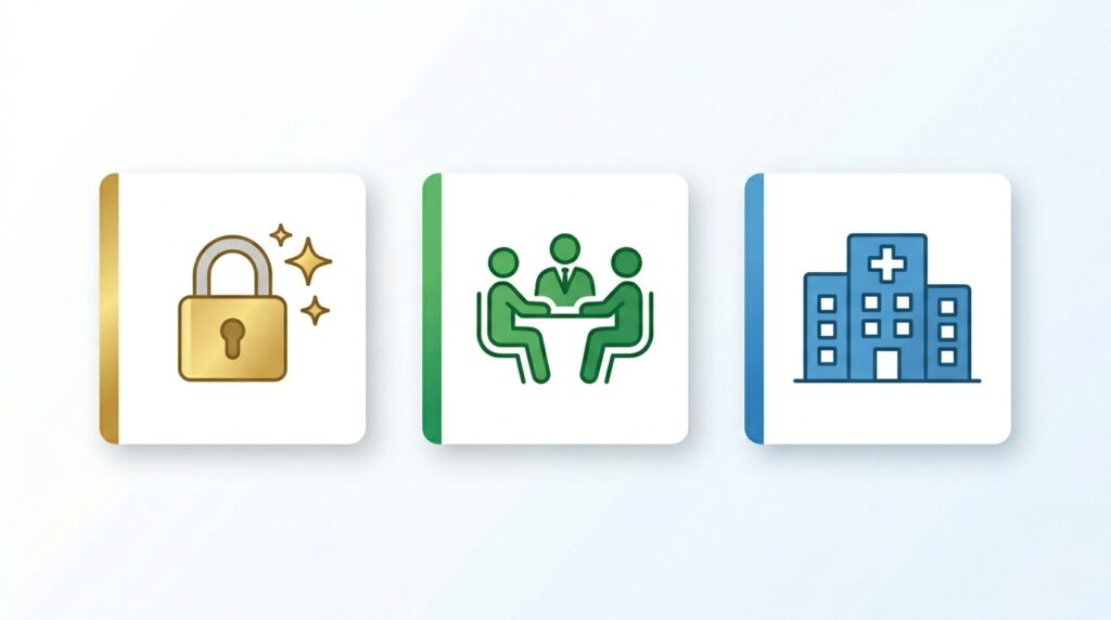 非公開求人や対面面談などのメリットを示す3つのアイコンカード